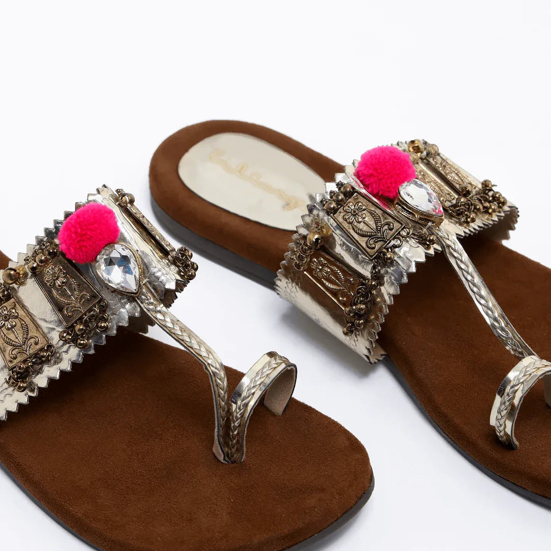 Metallic Pom-Pom Kolhapuris - Gold