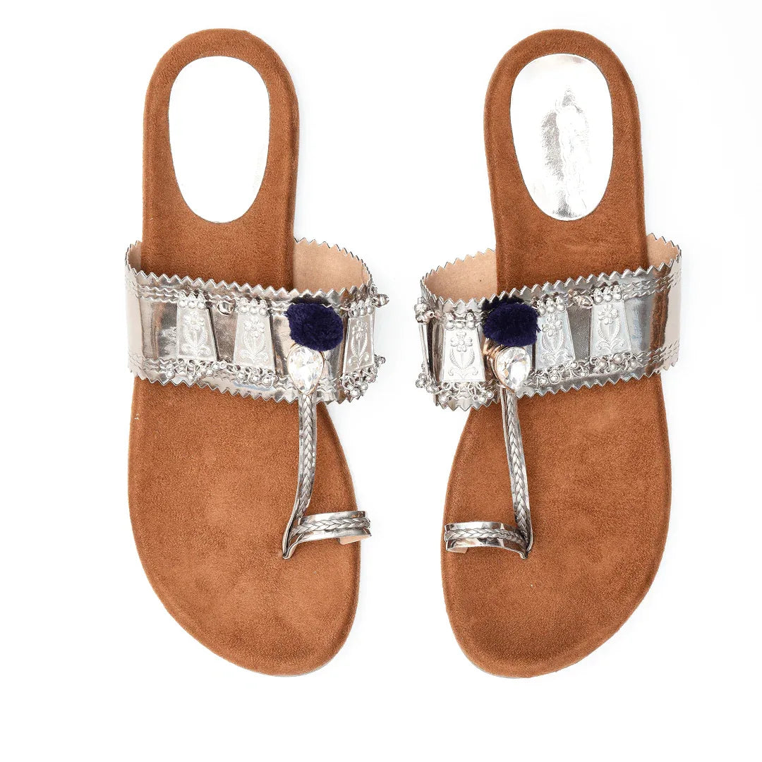 Metallic Pom-Pom Kolhapuris - Grey