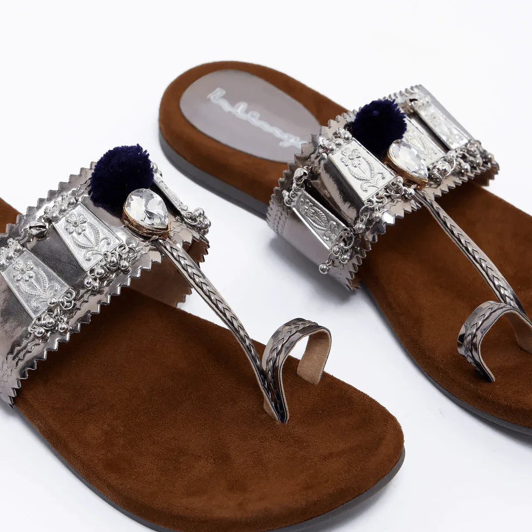 Metallic Pom-Pom Kolhapuris - Grey