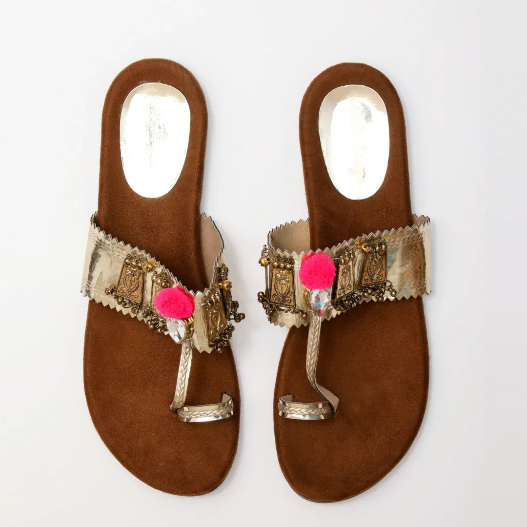 Metallic Pom-Pom Kolhapuris - Gold