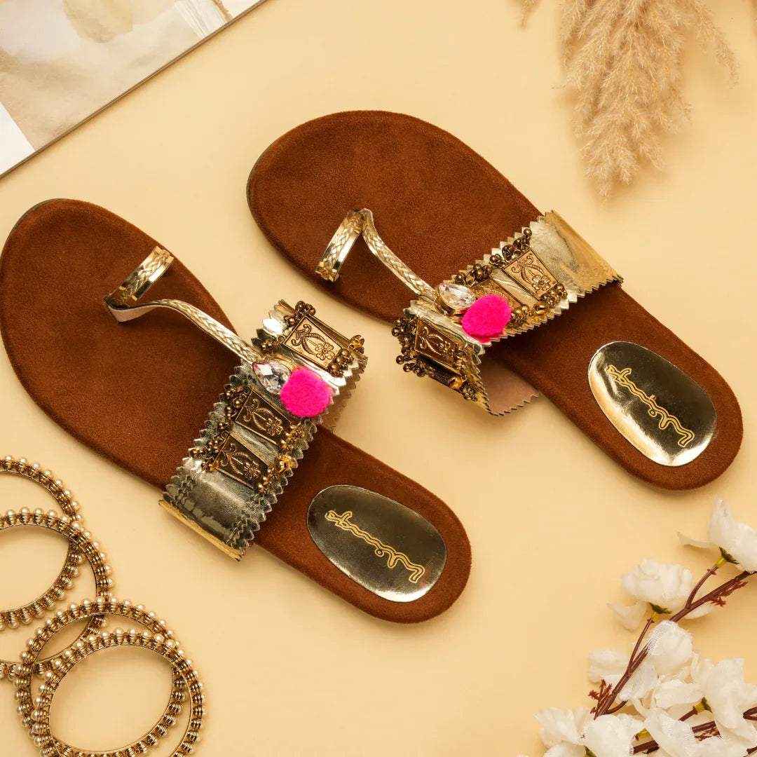 Metallic Pom-Pom Kolhapuris - Gold