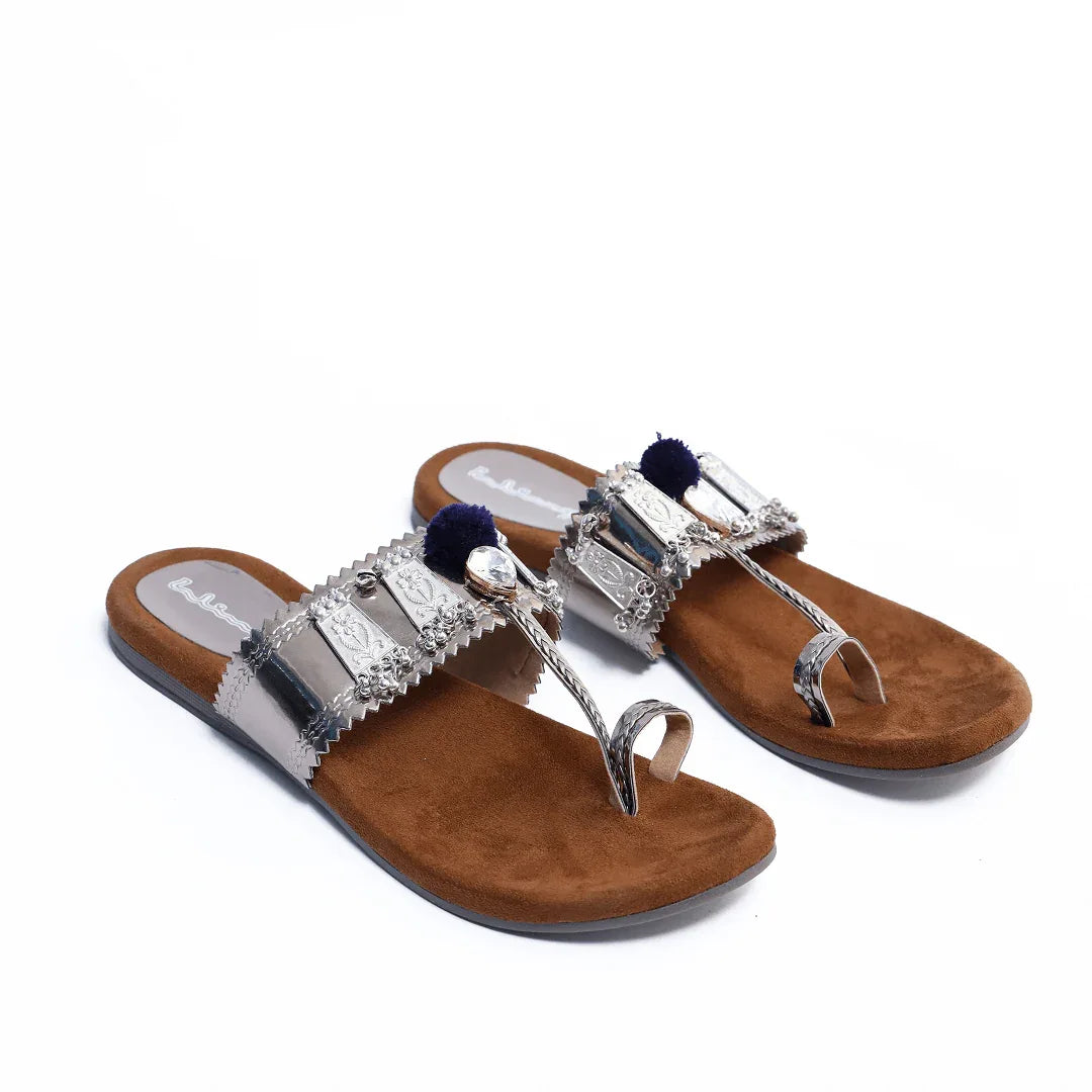 Metallic Pom-Pom Kolhapuris - Grey