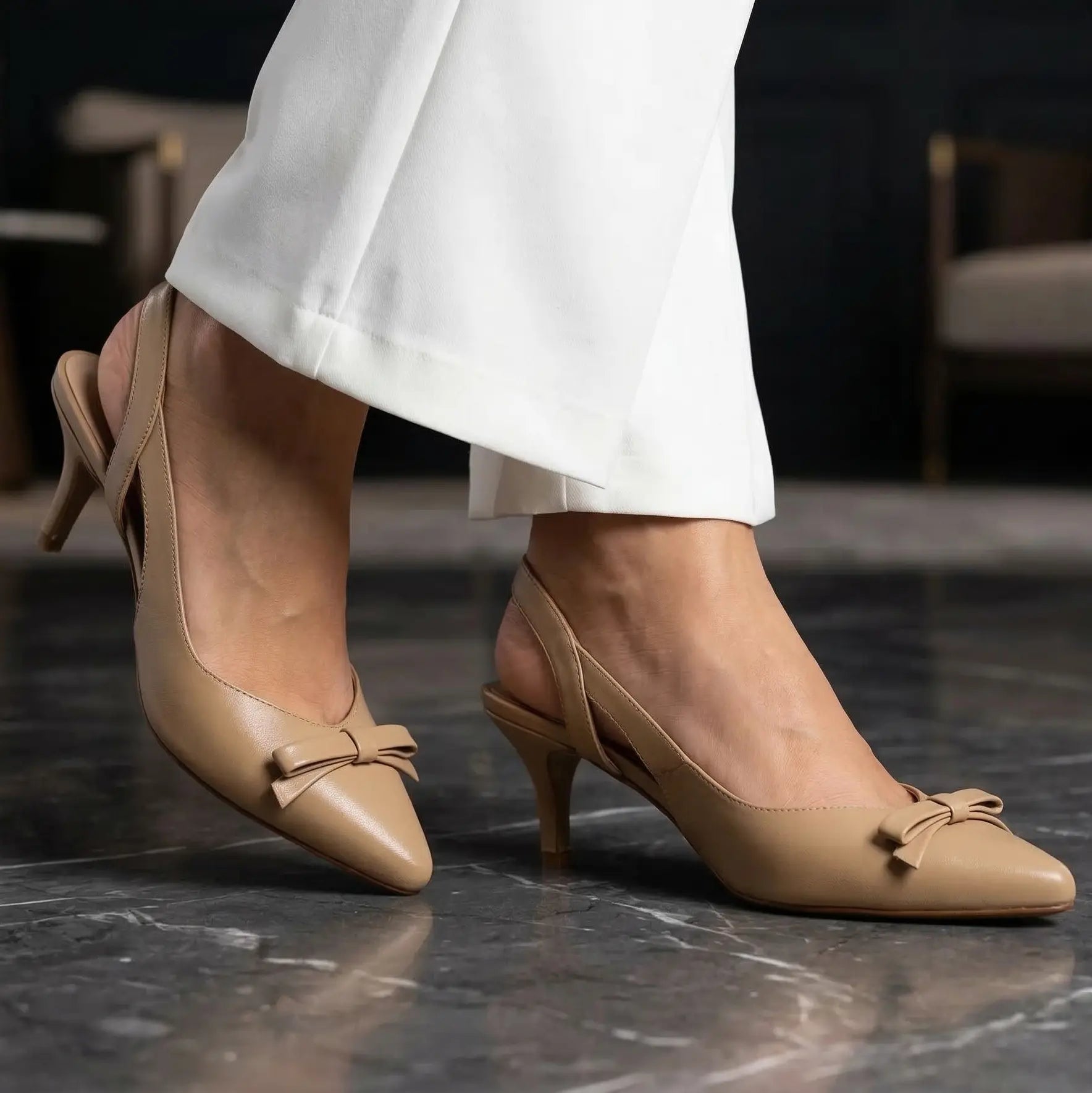 Pointed Bow Slingback - Beige