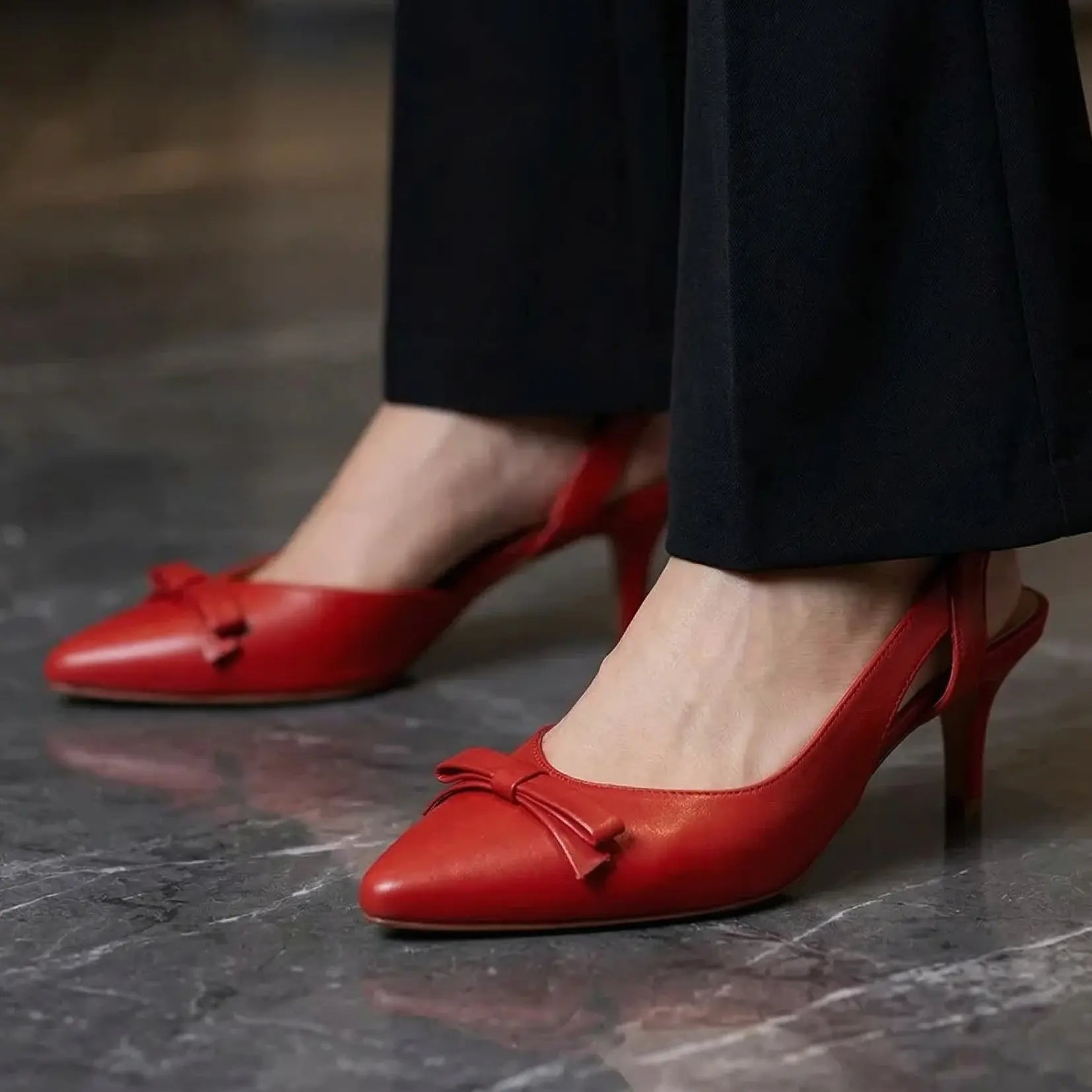 Pointed Bow Slingback - Red